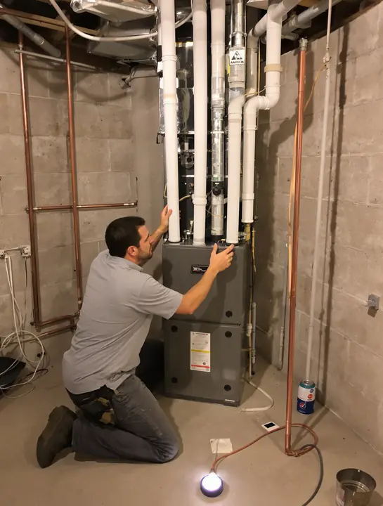 Tech fitting vent pipes on a new high efficiency furnace in a basement