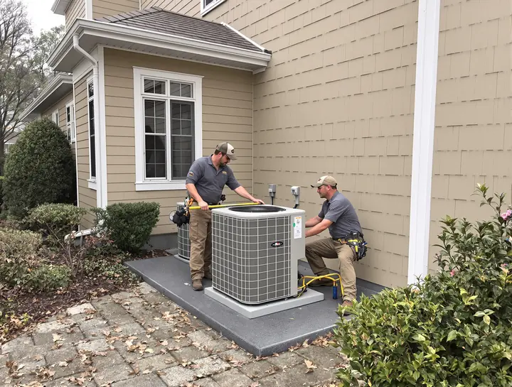 Two installers leveling a new heat pump beside a craftsman house