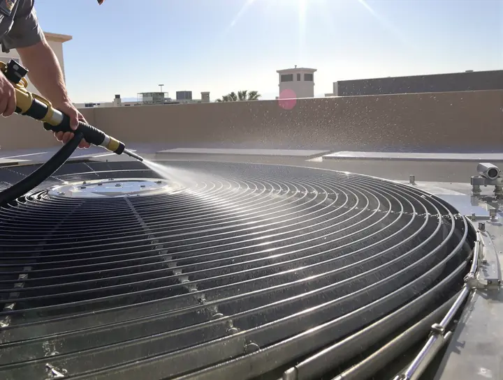 Technician rinsing desert dust out of a rooftop condenser coil in Tempe