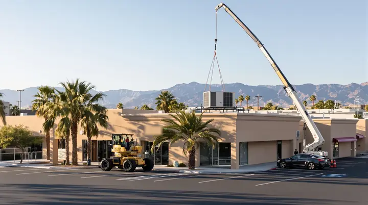 Crane setting a new rooftop unit on a Tempe commercial building at dawn