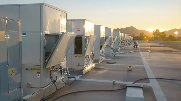 Salt River Mechanical technician servicing a row of rooftop units in Tempe at sunrise
