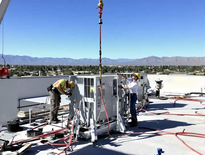 Crew setting a packaged rooftop unit on a flat roof