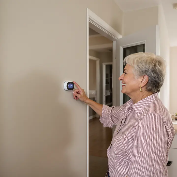 Tech showing a homeowner her new smart thermostat