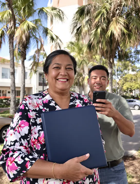 A client on the day she became a citizen, her son taking her photo