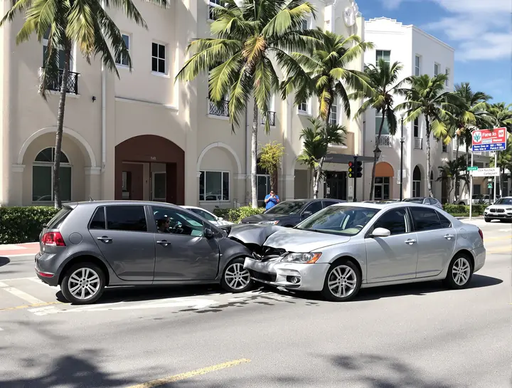 Two car crash on a palm lined boulevard in Coral Gables