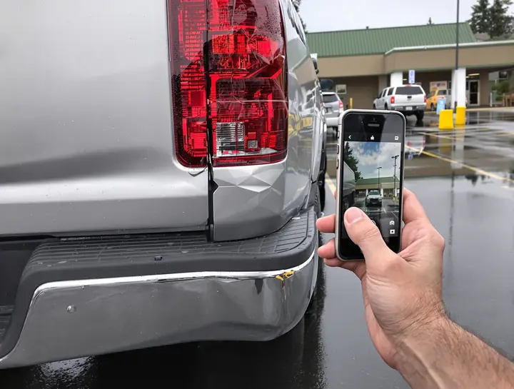 Photographing a dented bumper in a parking lot for a claim