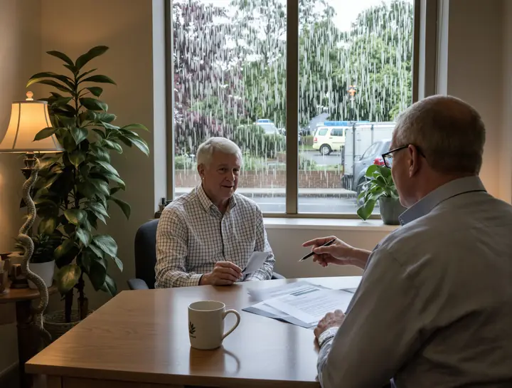 Agent going over a printed policy with a couple at her desk