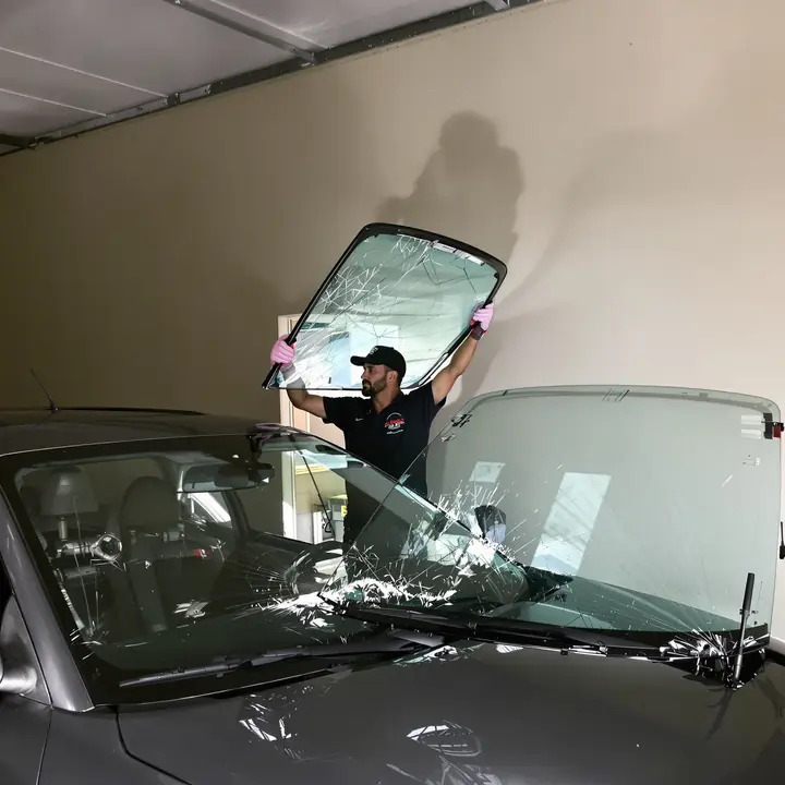 Glass tech setting a new windshield in a garage bay