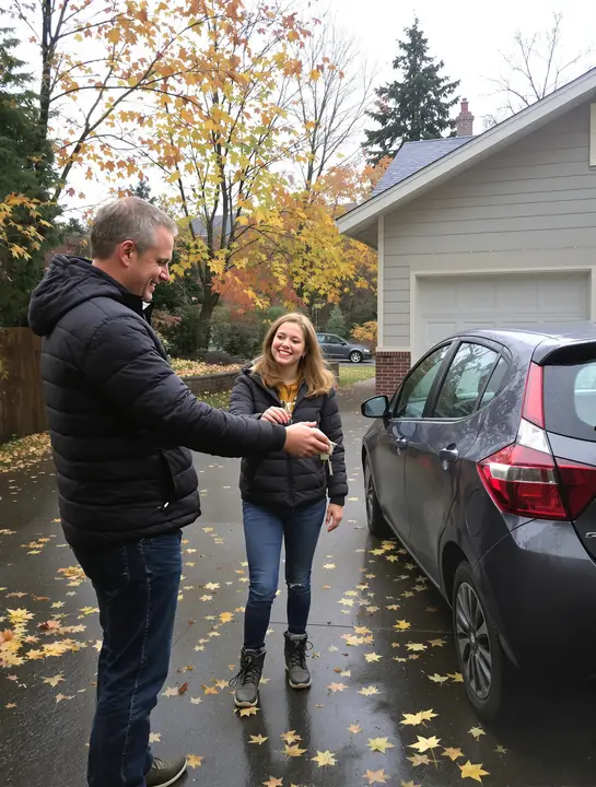 Father handing car keys to his teen daughter in a Tacoma driveway
