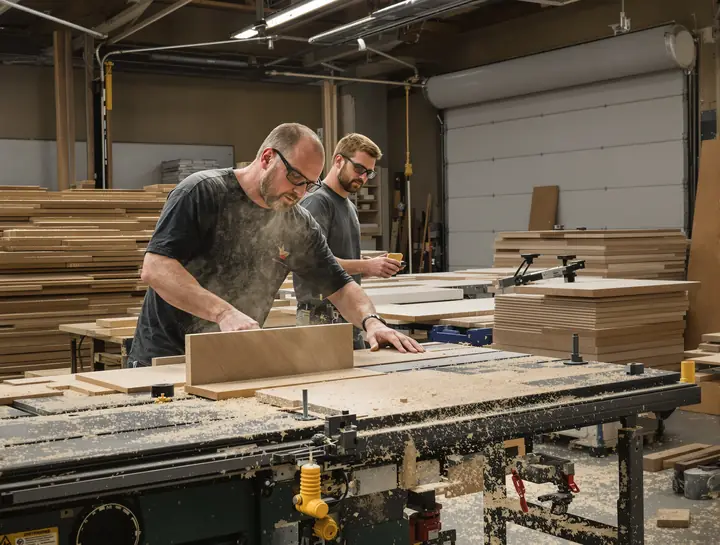 Cabinet shop owner cutting maple on a table saw