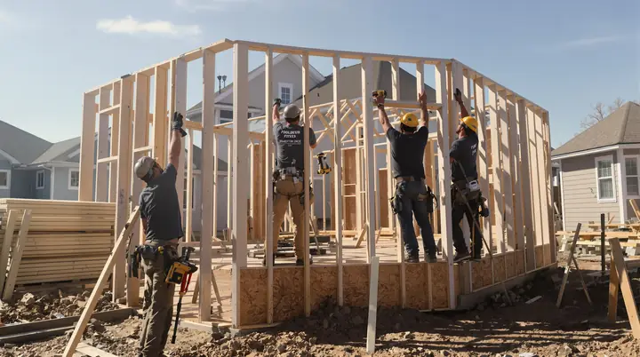 Framing crew raising a wall on a new house
