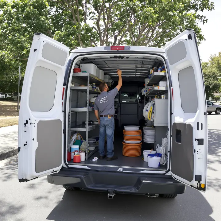 Plumber reaching into a stocked service van