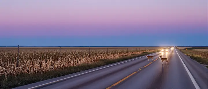 Two deer at the edge of a country road outside Lincoln at dusk
