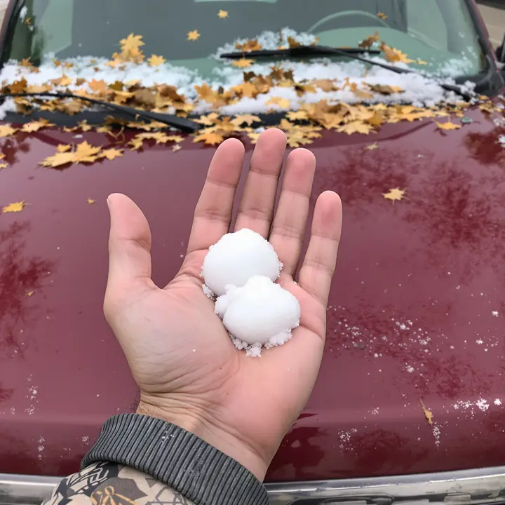 Golf ball size hailstones held over a dented red pickup hood