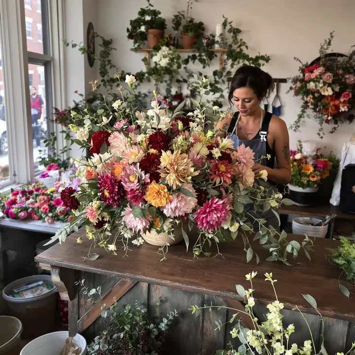 A florist arranging dahlias at her shop counter