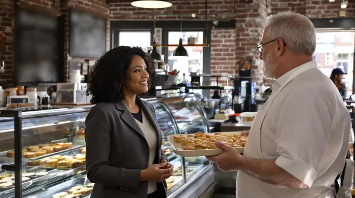 Ana Medeiros talking with a baker holding a tray of pastries in his shop