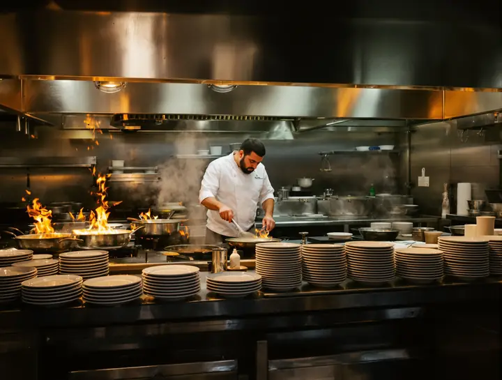 Line cooks working a busy restaurant kitchen