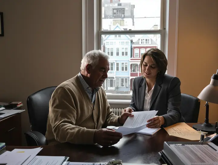 Joe and Ana Medeiros reading a lease together at the office desk