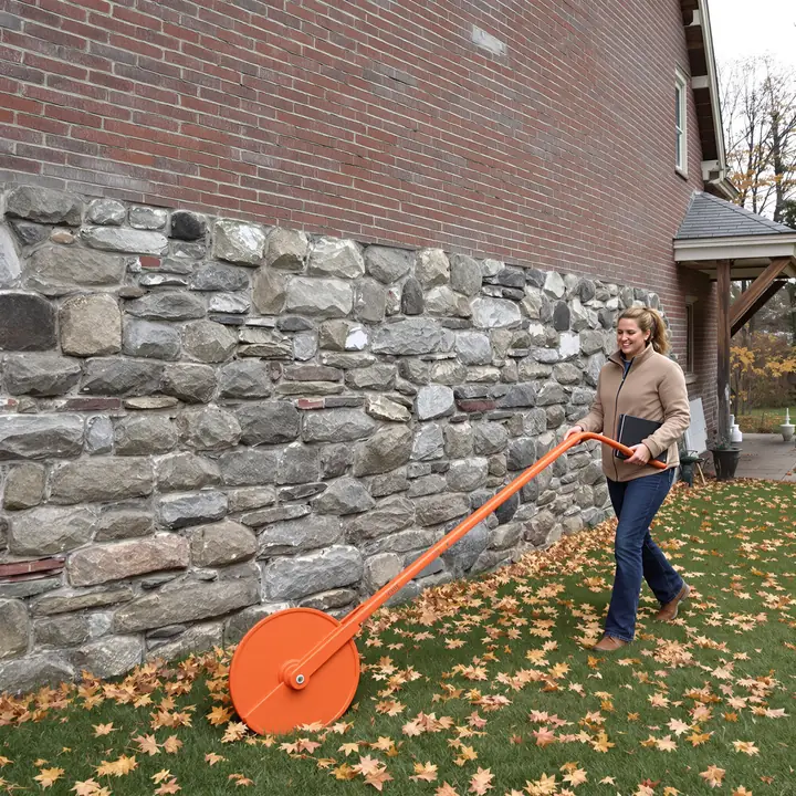 Agent measuring the stone foundation of an old brick house