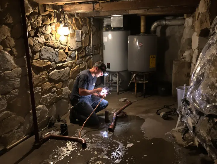 Plumber soldering new copper pipe in an old stone basement