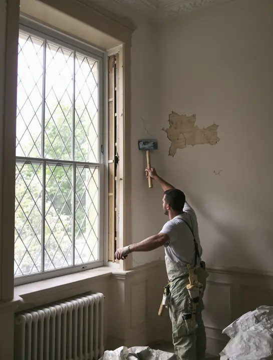 Plasterer patching an old plaster wall with the wood lath showing