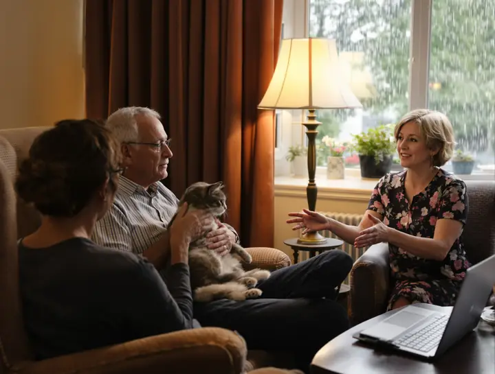 Man holding his tabby cat while the advisor explains his options
