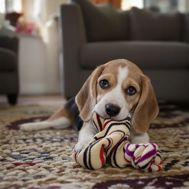 Beagle puppy chewing a striped sock on a rug