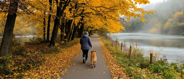 Woman walking her dog on a riverside path under yellow maples