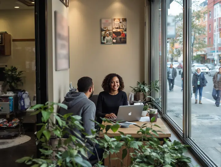 Agent helping a young man with his renters policy at her storefront desk