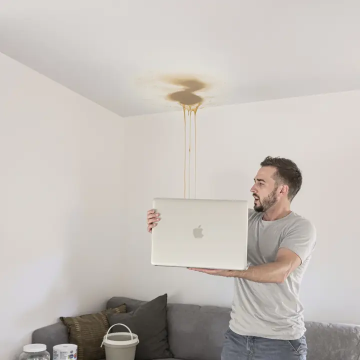 Water dripping from an apartment ceiling onto a sofa and laptop