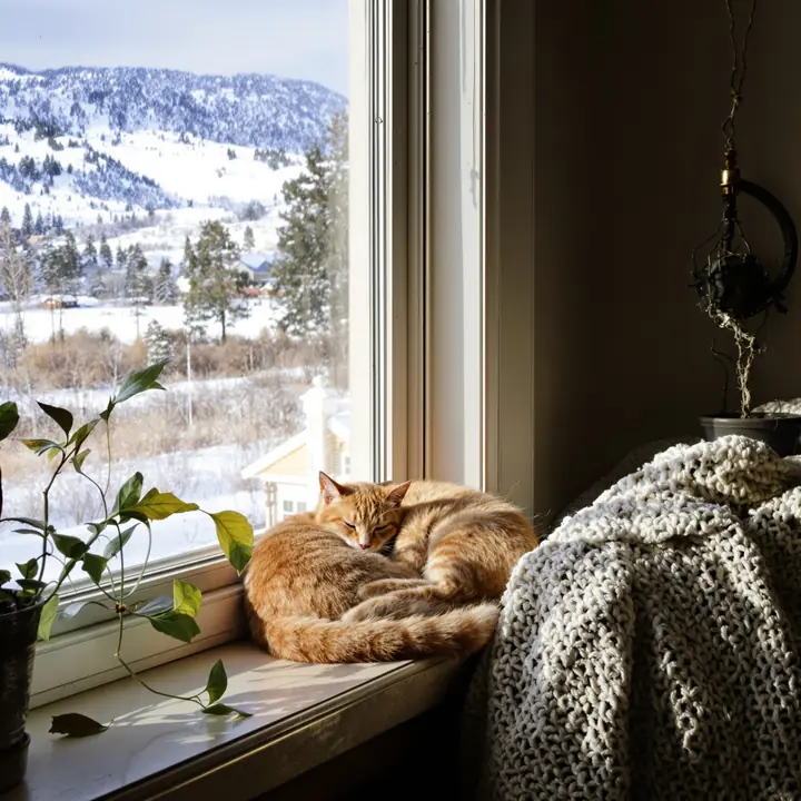 Older orange cat asleep on a sunny windowsill with snowy foothills outside