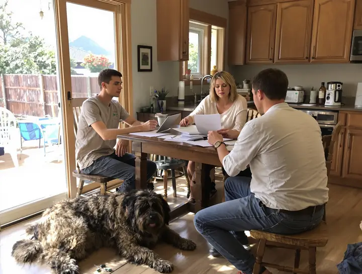 Agent going over pet plans with a mother and son at their kitchen table while their dog lies underneath
