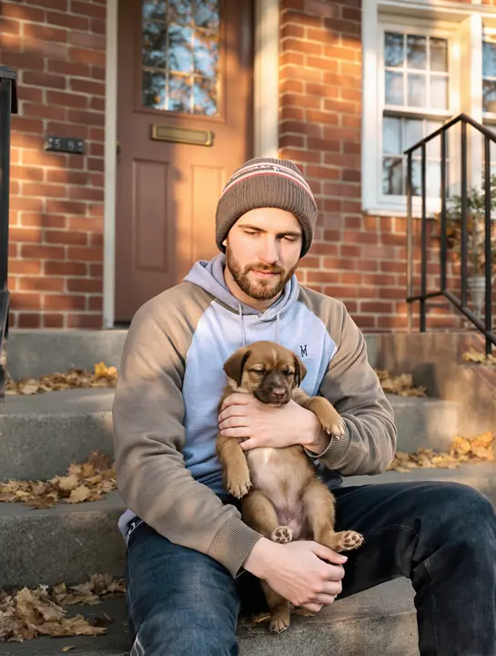 Young man holding a sleepy brown puppy on his front steps