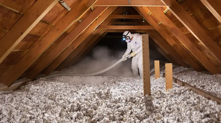 Installer blowing cellulose insulation across an attic floor in Sioux Falls