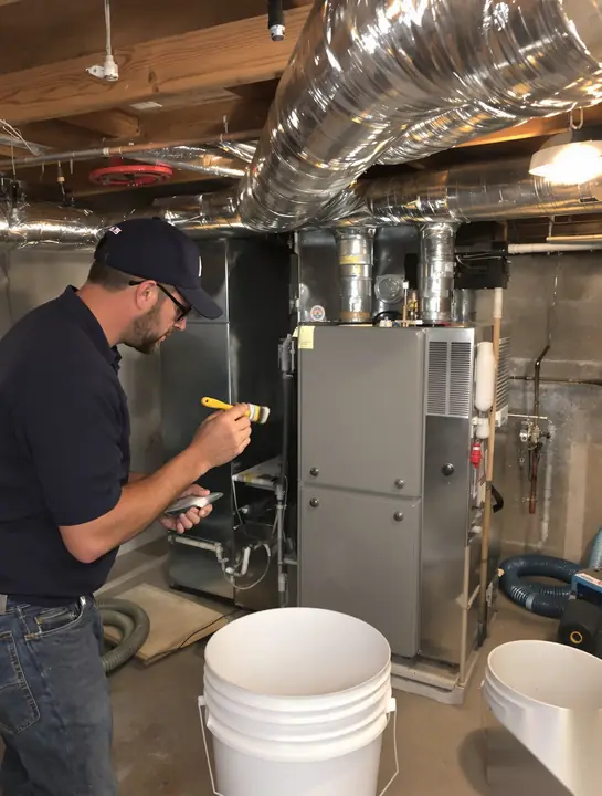 Technician sealing a duct joint in a basement with mastic