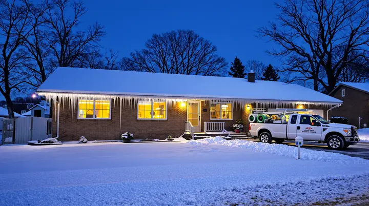 Sioux Falls ranch house at dusk in the snow, shown in thermal camera colors with heat leaking at the roof line