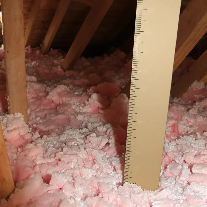 Attic depth ruler standing in loose fill insulation