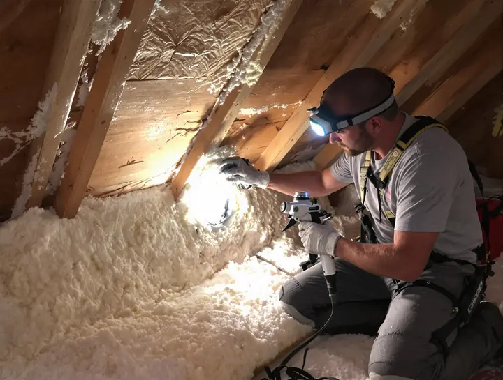 Installer sealing a wire hole in a top plate with spray foam