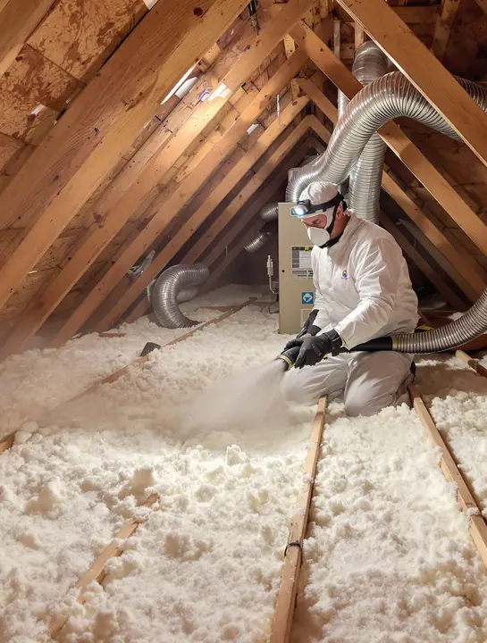 Installer blowing loose fill fiberglass across an attic floor