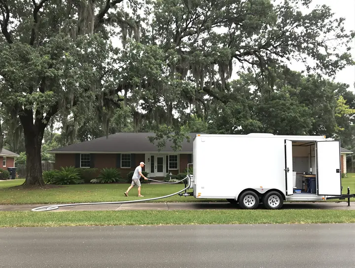 Installer pulling spray foam hose across the lawn of a brick ranch under live oaks