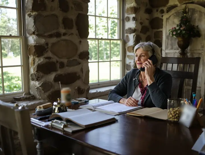 Woman on the phone at her farmhouse desk, going over a statement with a notepad