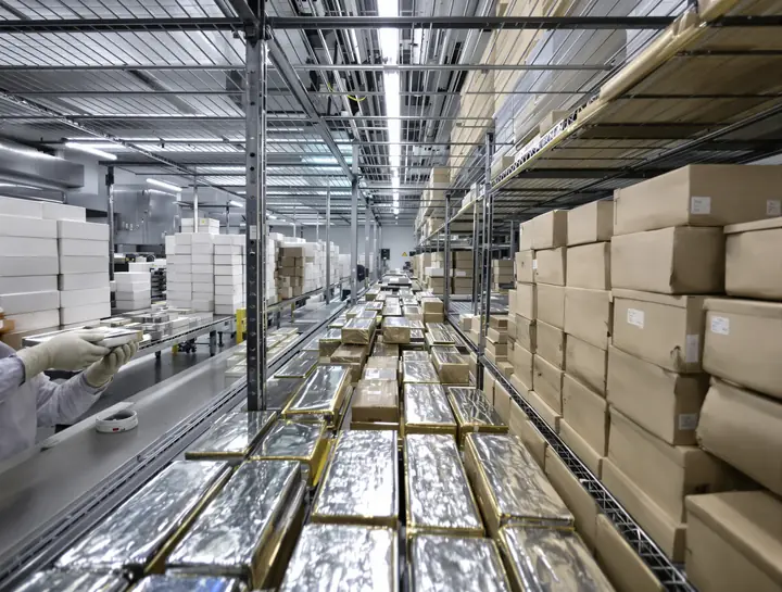 Depository worker counting silver bars on a steel shelf in a vault