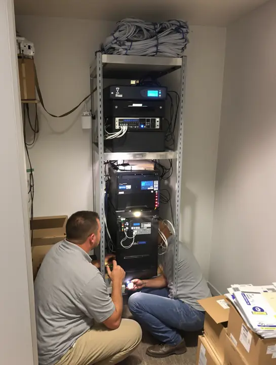 Tech checking the server and battery backup in a Provo accounting office closet