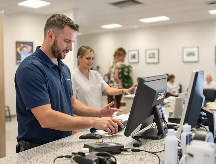 Tech installing a check in computer at a chiropractic clinic front desk