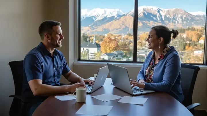 Quarterly review with a physical therapy clinic manager, Mount Timpanogos out the window