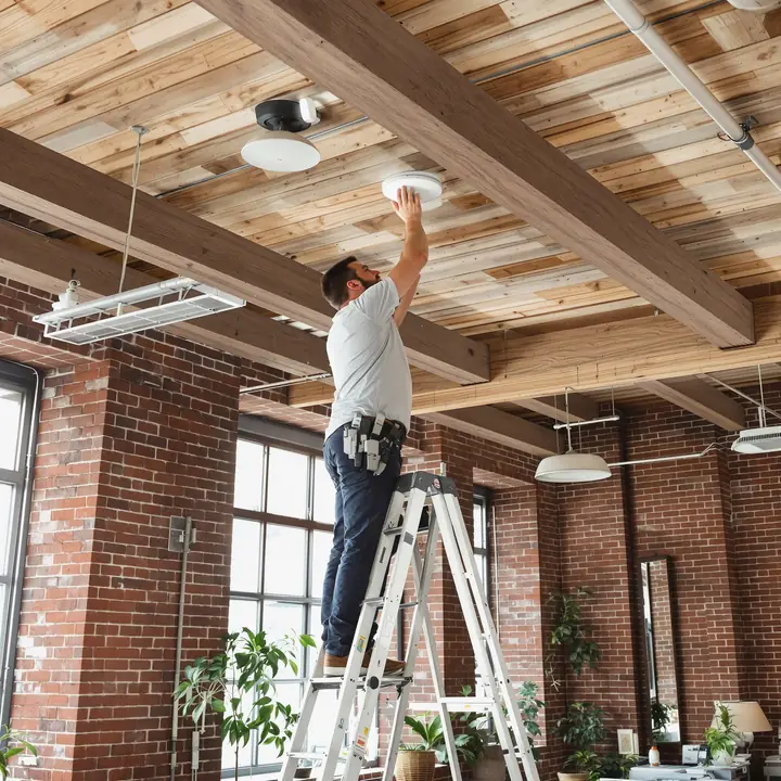 Tech mounting a Wi-Fi access point in a brick office downtown