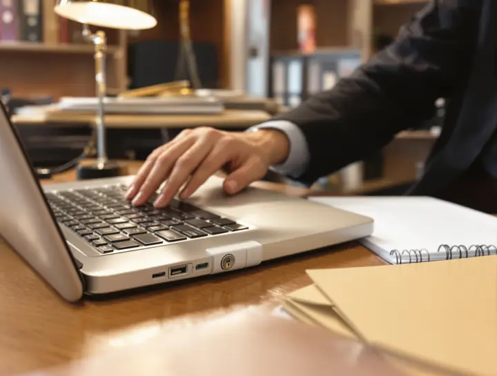 Legal assistant signing in with a security key on her laptop