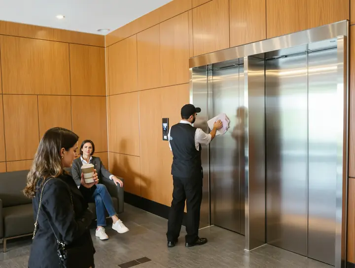 Porter polishing stainless elevator doors in an office lobby