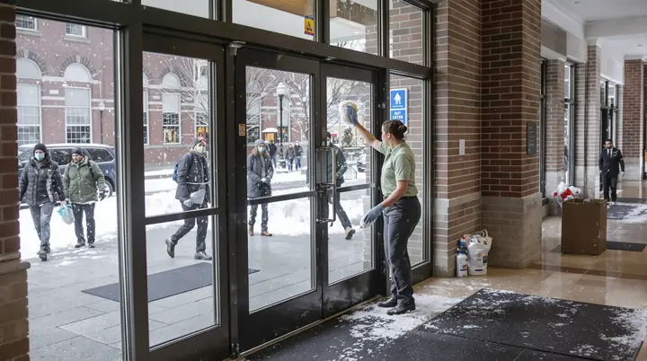 A Como Building Care porter wiping the lobby entry glass on a snowy morning in St. Paul