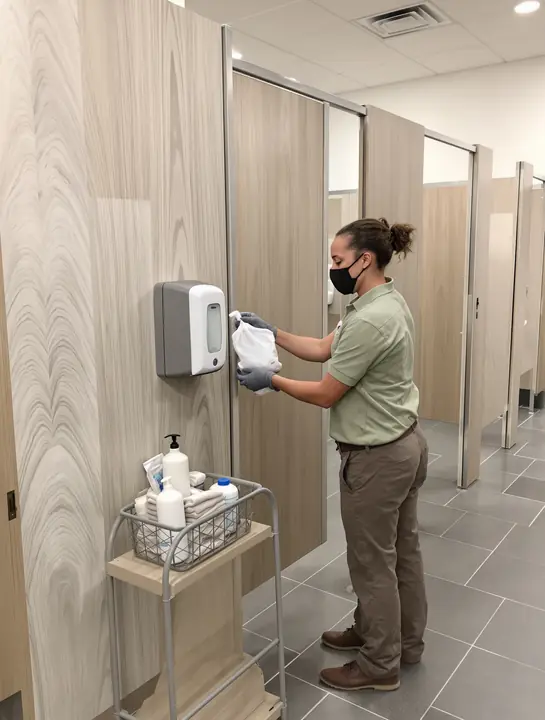 Porter refilling a soap dispenser in a commercial restroom